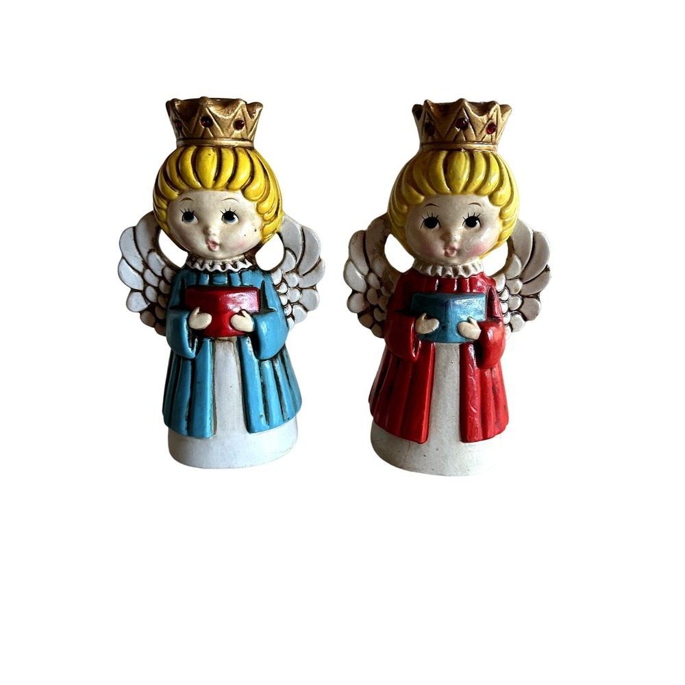 Vintage 1970s Chalkware Christmas Angels Candleholder Set of 2